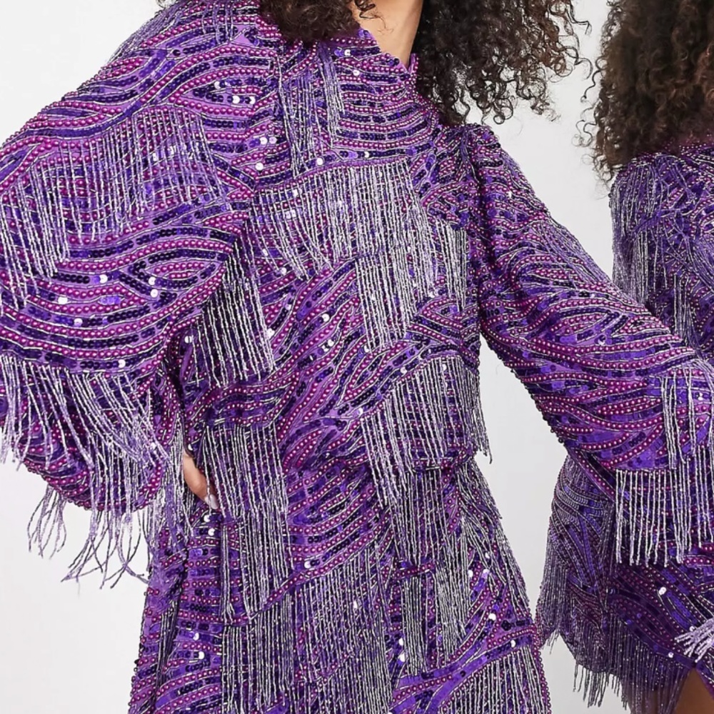ASOS EDITION beaded fringe and sequin mini dress with blouson sleeves in purple